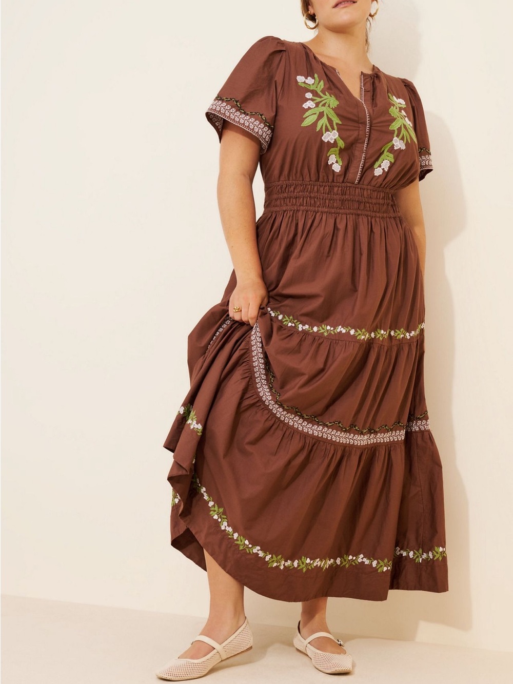 Anthropologie Brown Embroidered Maxi Dress with Green Accents